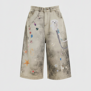 Creative Women's Straight Loose Printed Wide-leg Cropped Jeans