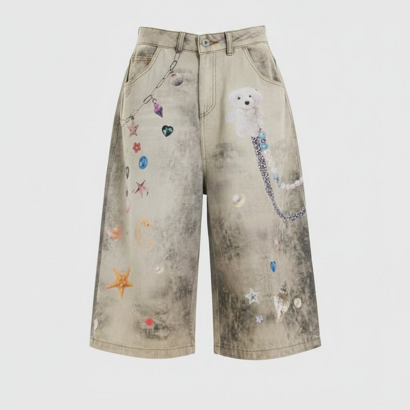 Creative Women's Straight Loose Printed Wide-leg Cropped Jeans