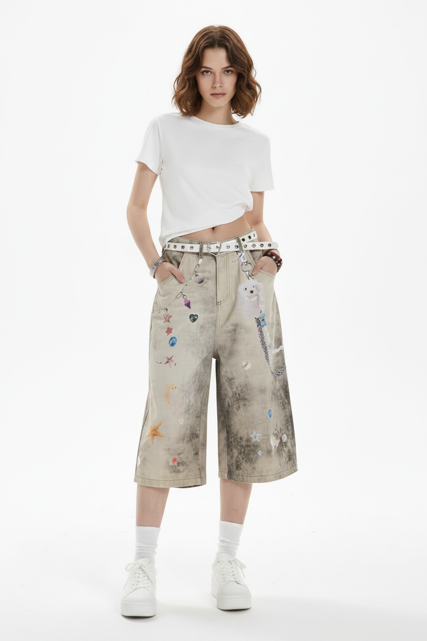 Creative Women's Straight Loose Printed Wide-leg Cropped Jeans