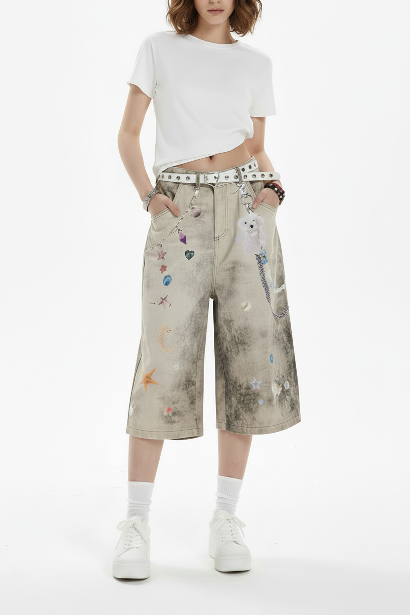 Creative Women's Straight Loose Printed Wide-leg Cropped Jeans