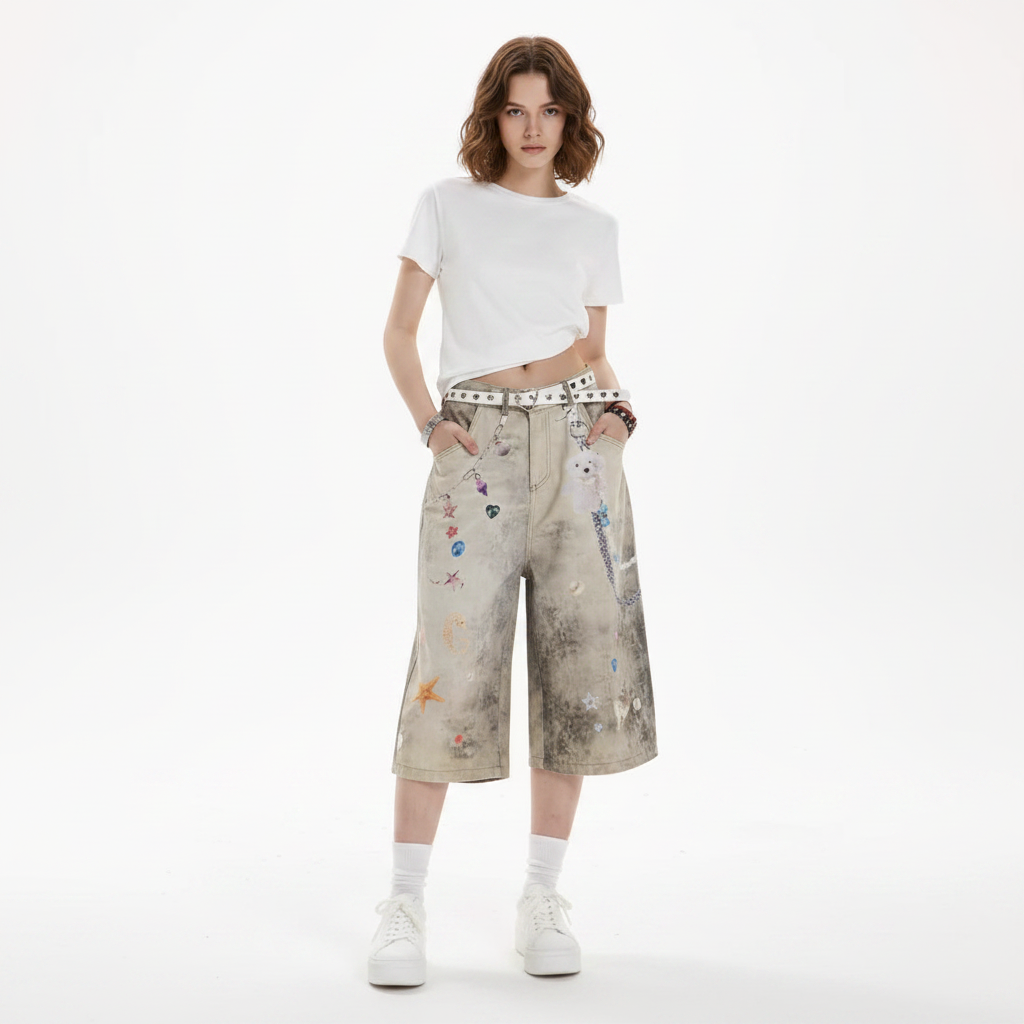 Creative Women's Straight Loose Printed Wide-leg Cropped Jeans