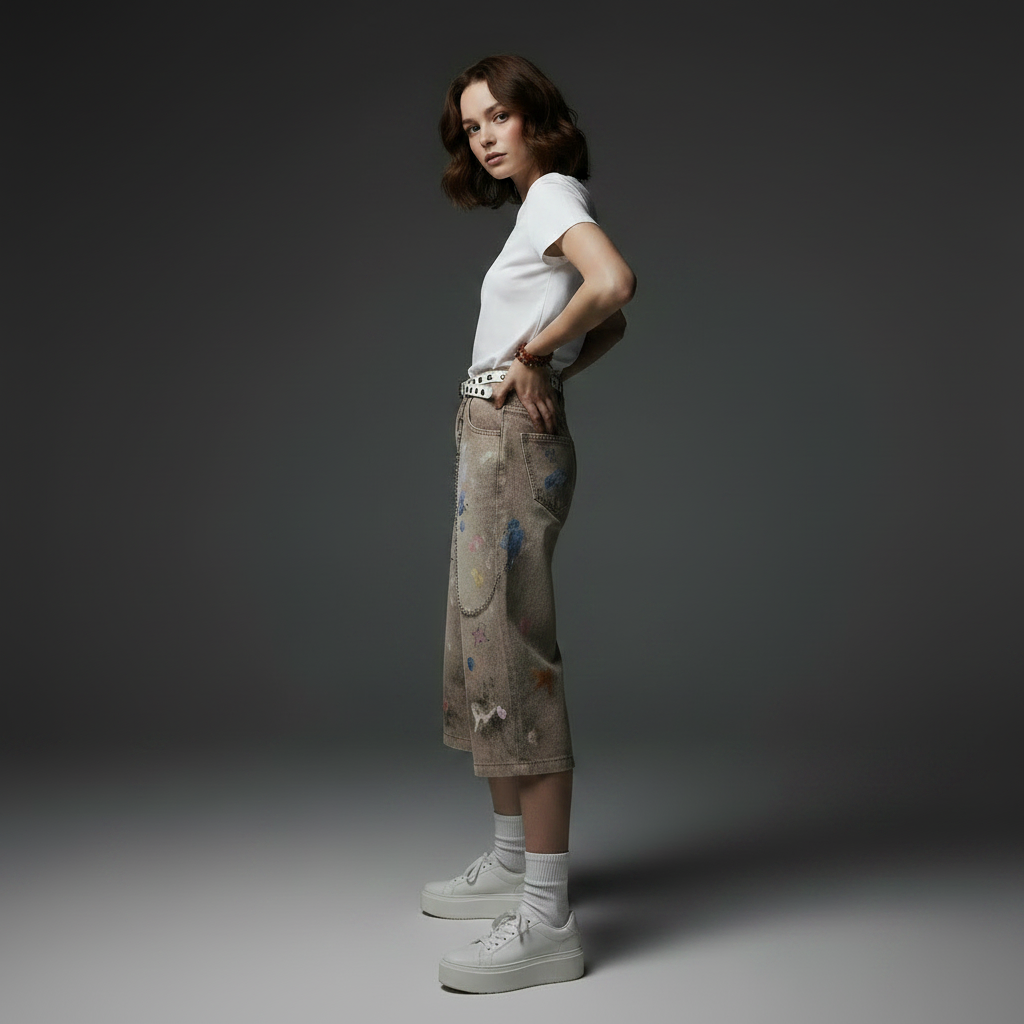 Creative Women's Straight Loose Printed Wide-leg Cropped Jeans