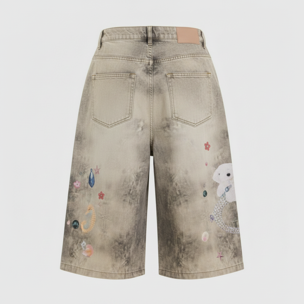 Creative Women's Straight Loose Printed Wide-leg Cropped Jeans