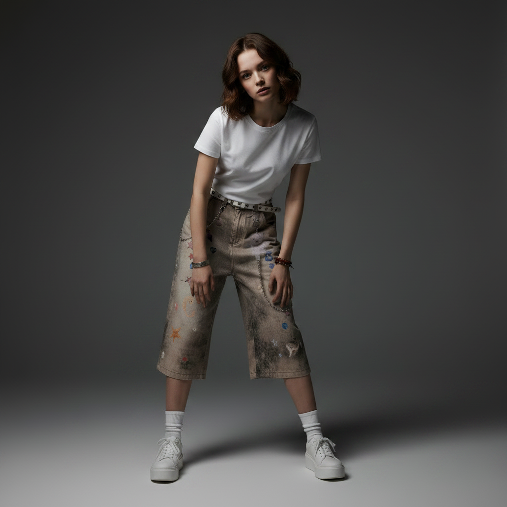Creative Women's Straight Loose Printed Wide-leg Cropped Jeans