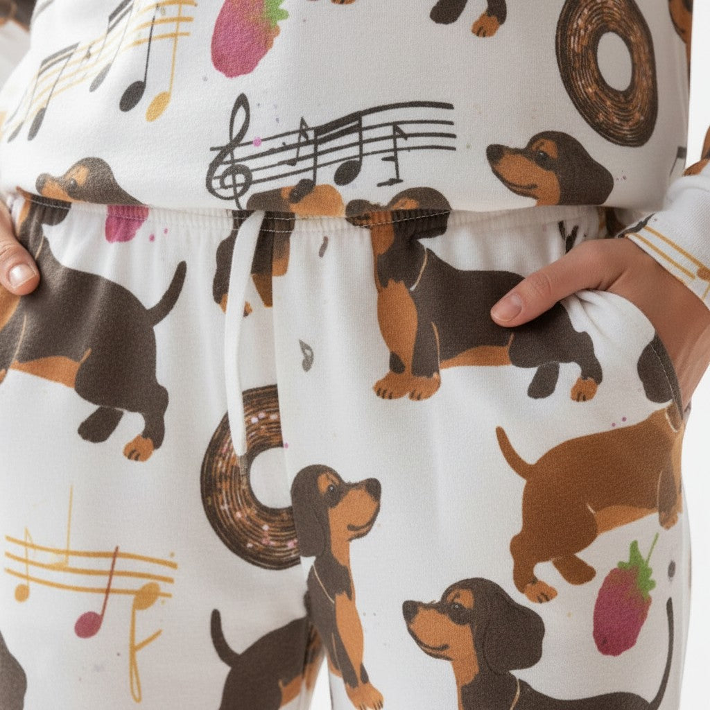 Allzom women's cute pajama suit with dachshunds, musical notes and strawberries on white fabric.