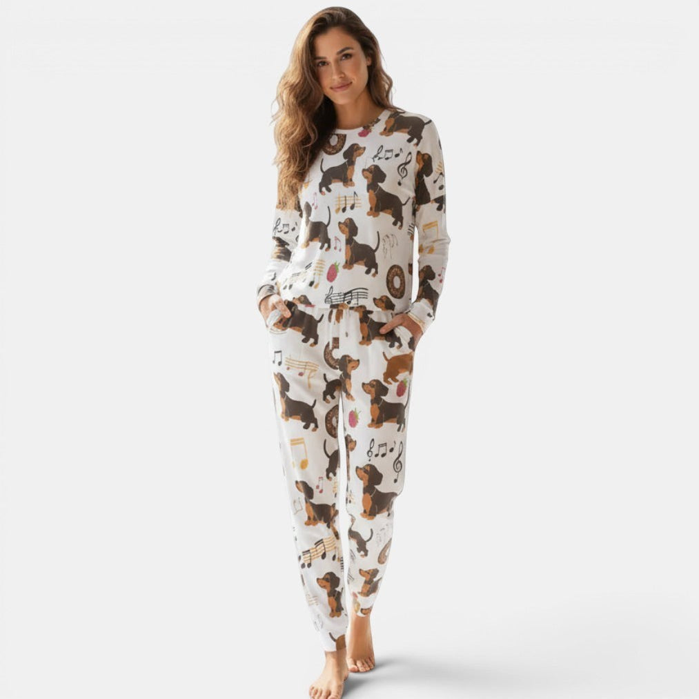 Allzom women's white pajama suit with dachshunds and musical notes print. Long sleeves, full length pants.