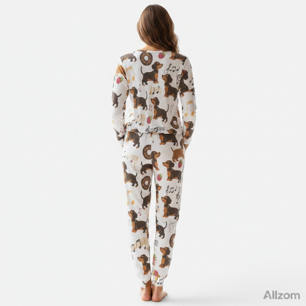 Allzom women's white pajama suit with dachshunds, donuts, strawberries and musical notes print. Long sleeves and pants.