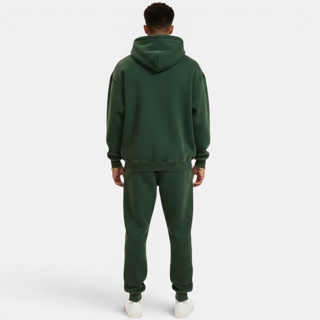 Allzom Men's dark green velvet padded hooded sweatshirt and matching joggers, worn by a model from behind.
