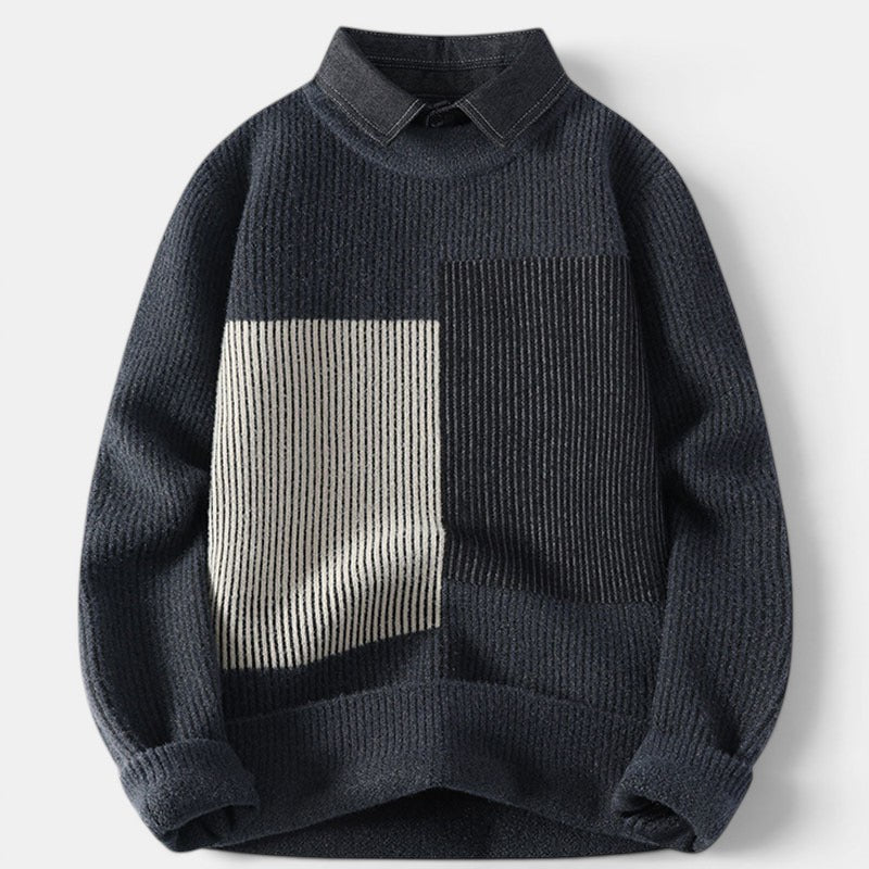 Allzom men's dark grey knit sweater with a collar and contrasting vertical stripe panels on the front.
