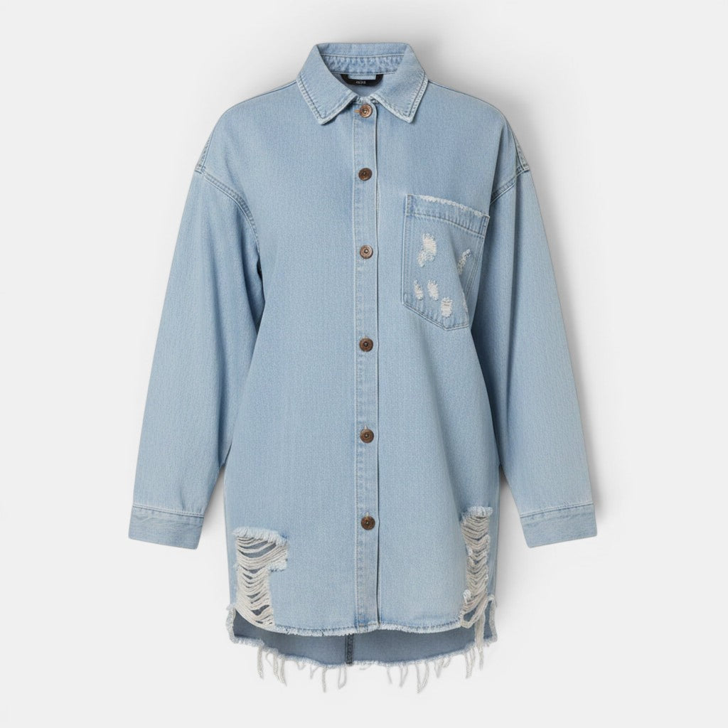 Allzom loose long-sleeve denim jacket with distressed details and frayed hem. Light blue wash.