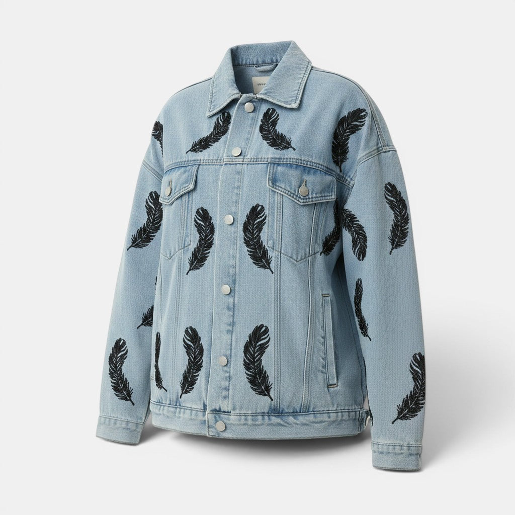 Allzom light blue denim jacket with black feather print, lapel collar and loose fit.
