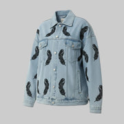 Allzom light blue denim jacket with black feather print, lapel collar and loose fit.