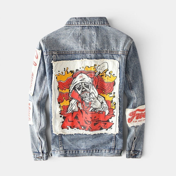 Allzom men's light wash denim jacket with graphic patches on back and sleeves, suitable for spring and autumn.