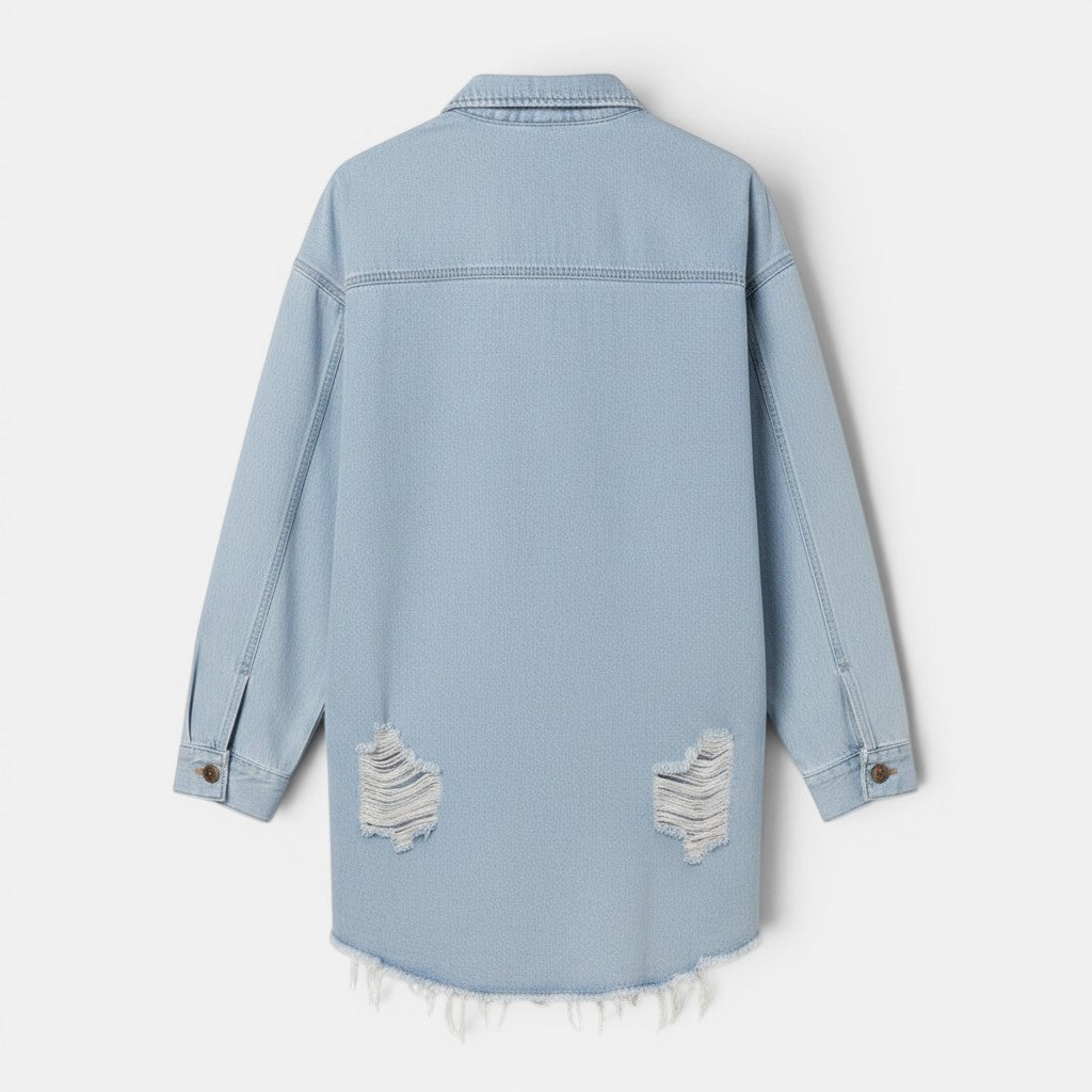 Allzom loose long-sleeve denim jacket with distressed details and frayed hem in light blue.