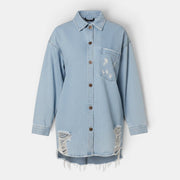 Allzom loose long-sleeve light blue denim jacket with distressed details on pocket and hem.