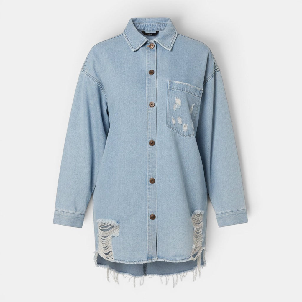 Allzom loose long-sleeve light blue denim jacket with distressed details on pocket and hem.