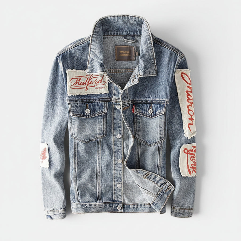 Allzom men's light blue denim jacket with patches and red lettering, classic collar, button closure, spring/autumn wear.