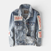 Allzom men's light blue denim jacket with patches and red lettering, classic collar, button closure, spring/autumn wear.