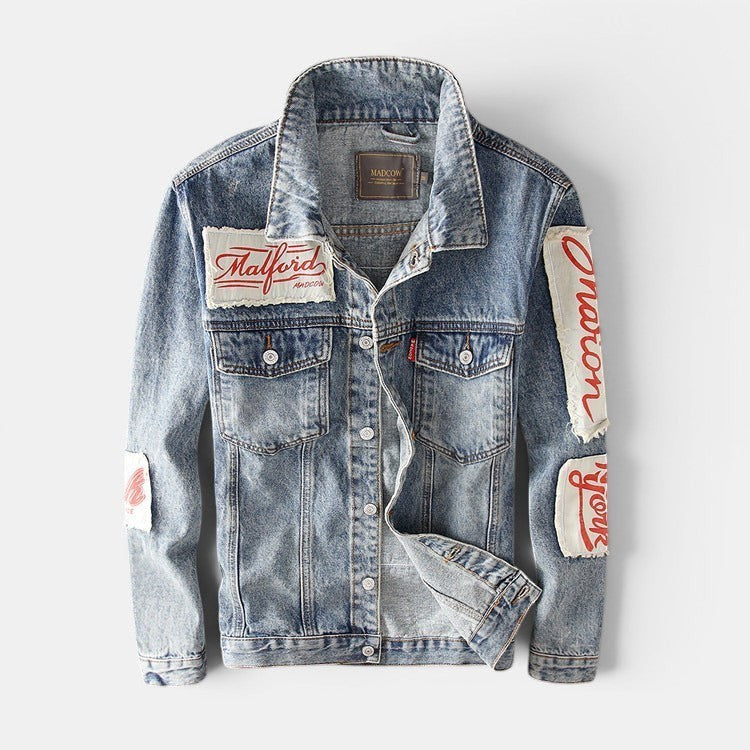 Allzom men's light blue denim jacket with patches and red lettering, classic collar, button closure, spring/autumn wear.