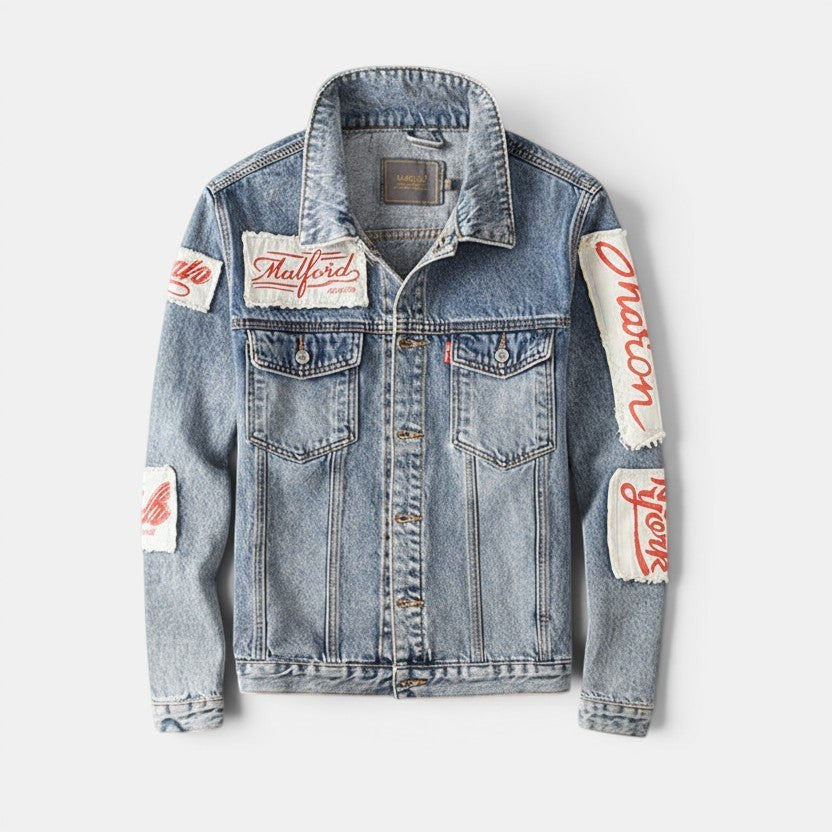 Allzom men's light wash denim jacket with embroidered patches on chest and sleeves, classic collar, button closure.