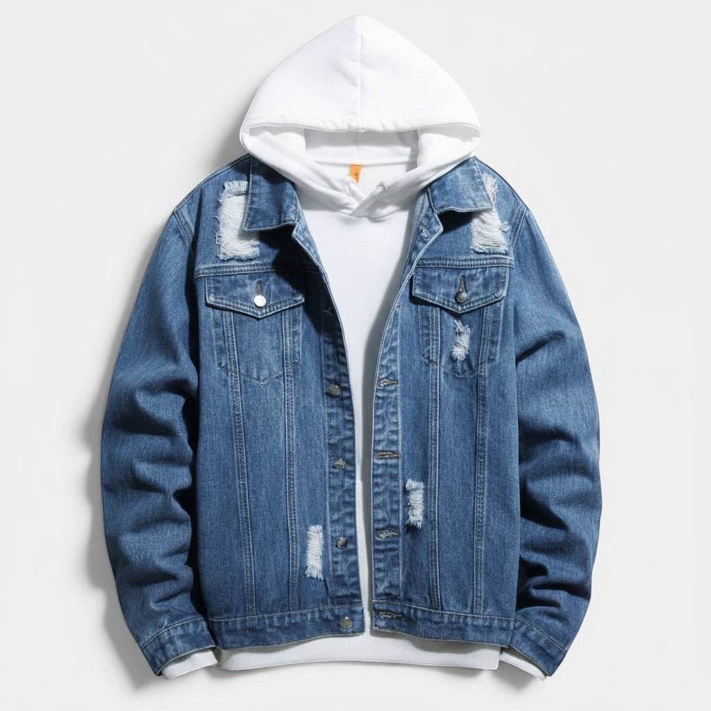 Allzom men's blue distressed denim jacket shirt with white hoodie underneath.