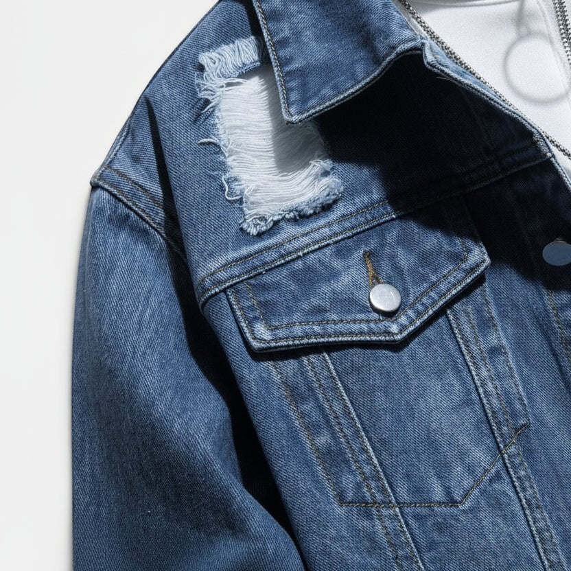 Allzom men's blue denim jacket shirt with distressed details and button-flap pockets.