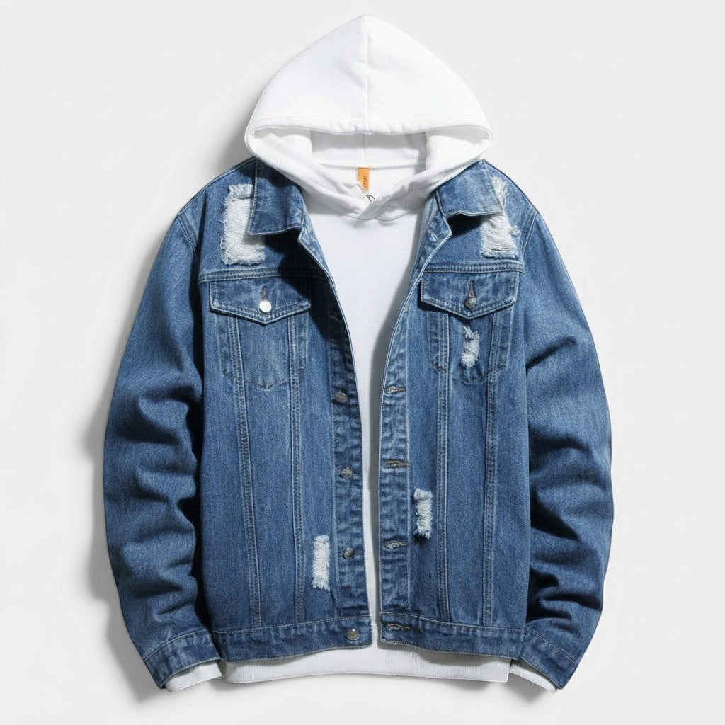 Allzom men's blue denim jacket shirt with distressed details and white hoodie underneath.