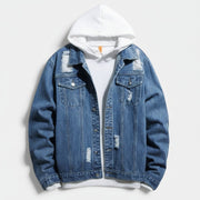 Allzom men's blue denim jacket shirt with distressed details and white hoodie underneath.