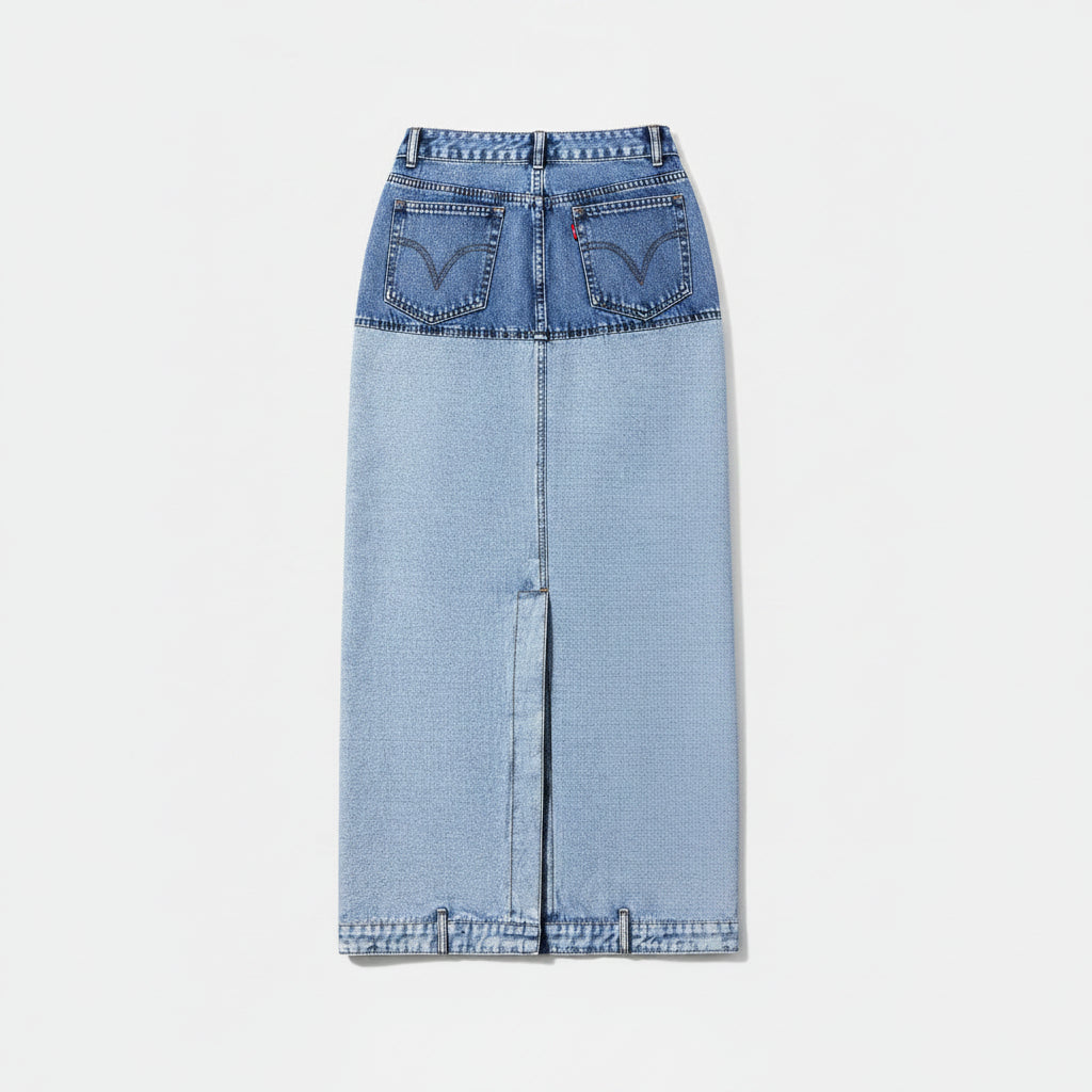 Allzom asymmetric two-tone denim maxi skirt with folded waist and side slit. Light and medium wash cotton.