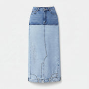 Allzom asymmetric two-tone denim maxi skirt with folded waist and repurposed jean details. Light and medium wash cotton.