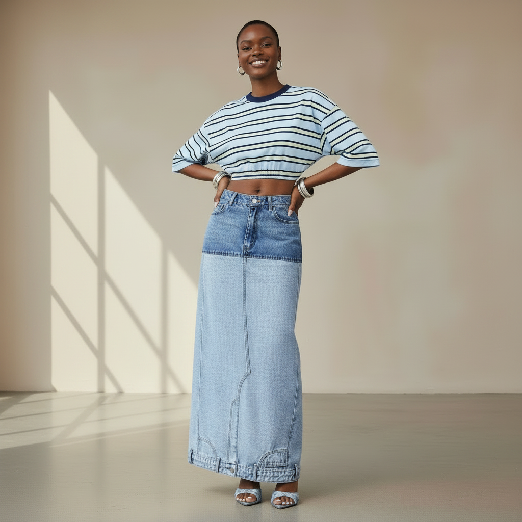 Asymmetric Two-Tone Denim Maxi Skirt