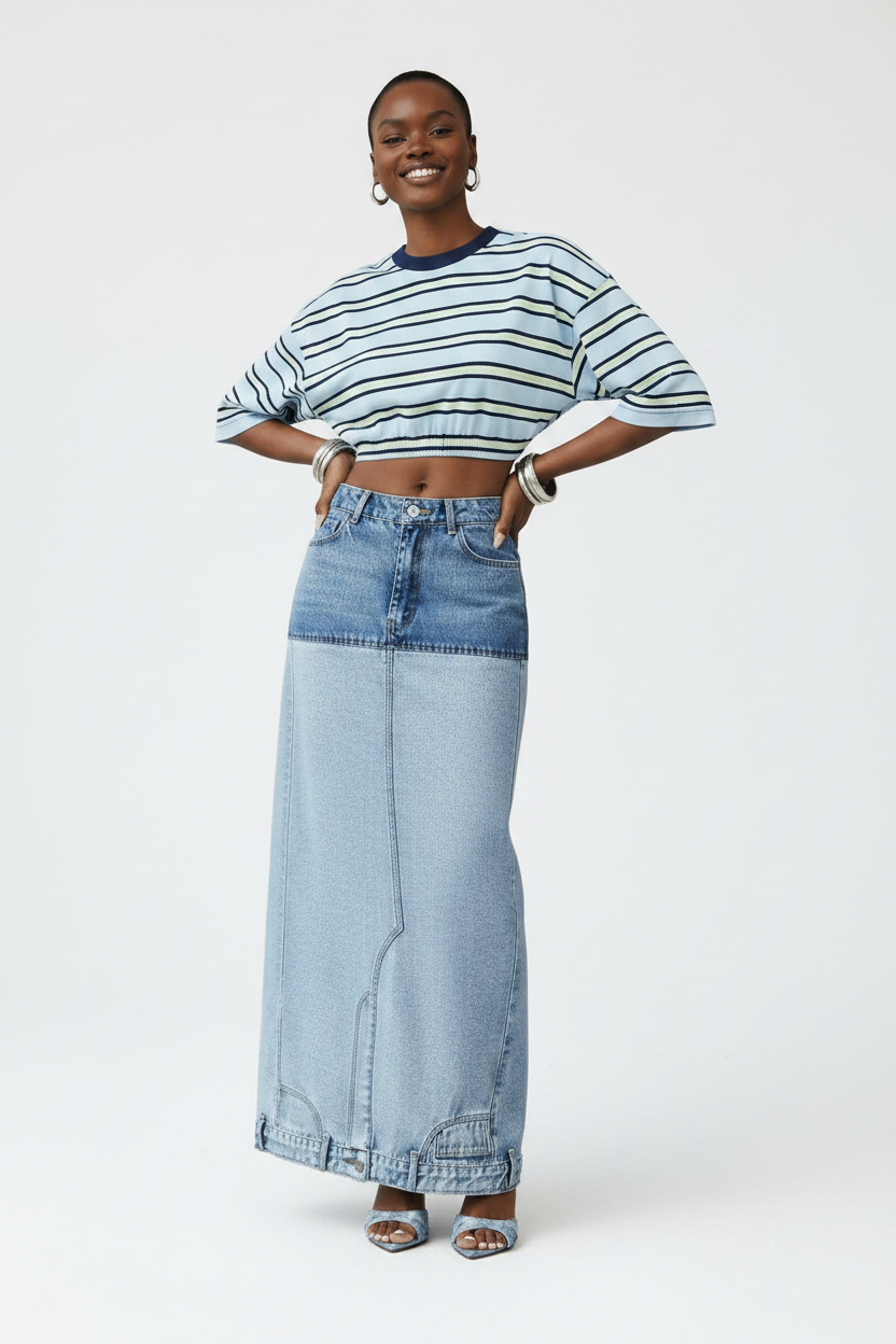 Asymmetric Two-Tone Denim Maxi Skirt