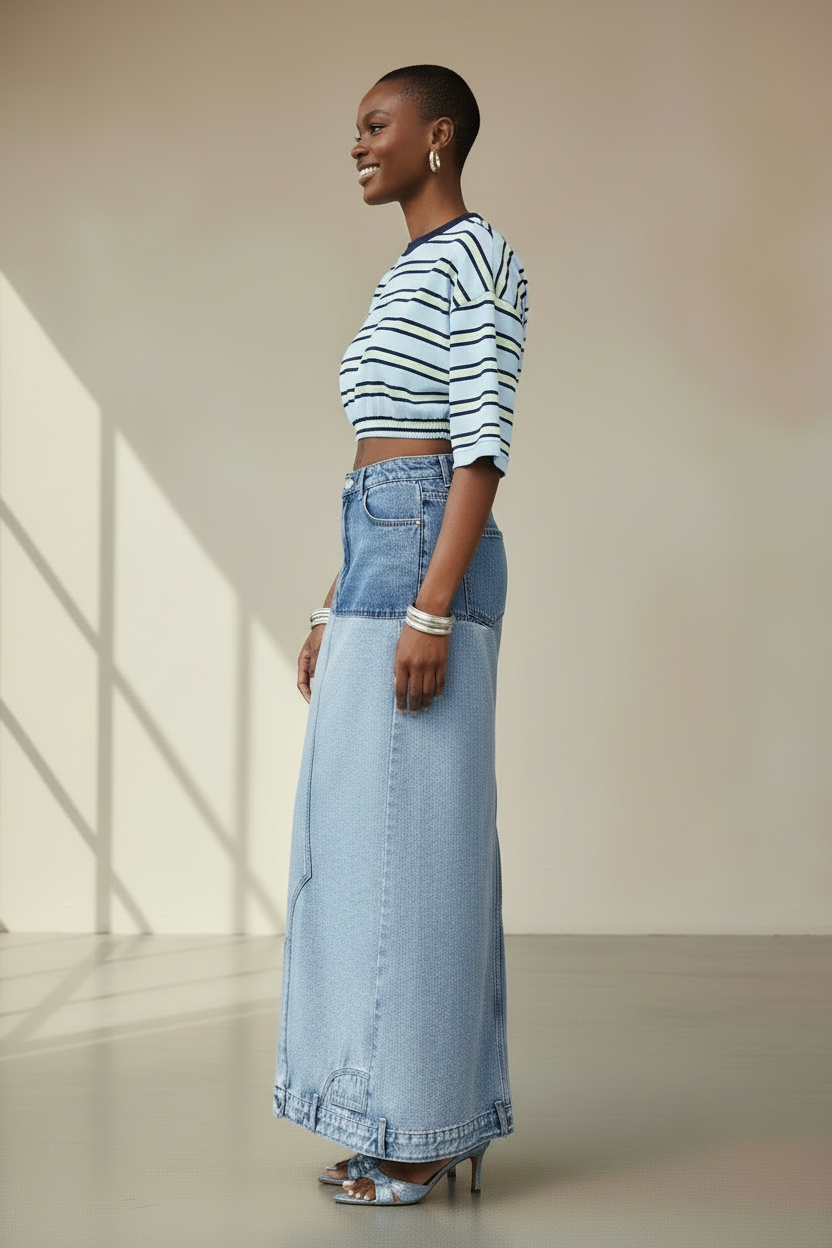 Asymmetric Two-Tone Denim Maxi Skirt