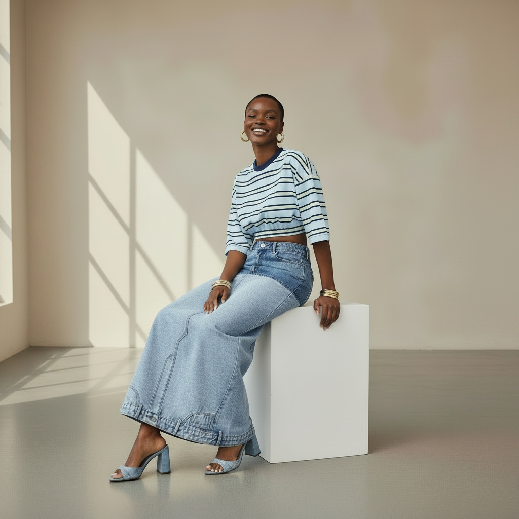 Asymmetric Two-Tone Denim Maxi Skirt