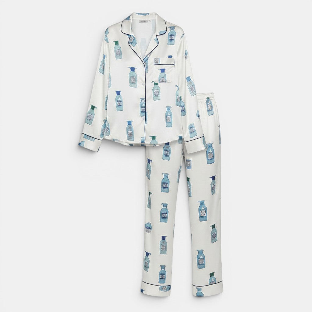 Allzom white polyester digital print pajama set with blue bottle pattern and navy trim.
