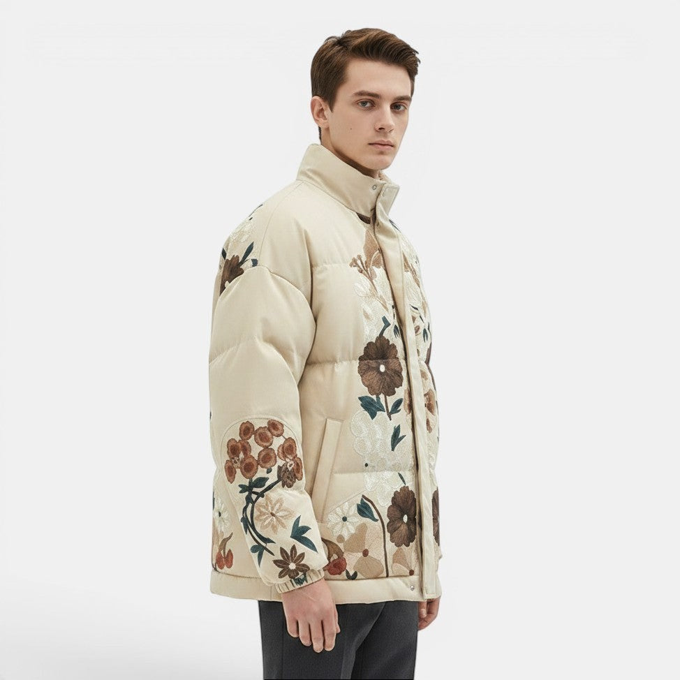 Allzom men's off-white cotton coat with embroidered floral details and stand collar.