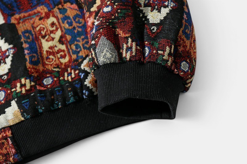 Allzom men's Harajuku ethnic print baseball jacket with stand collar and black ribbed cuffs.