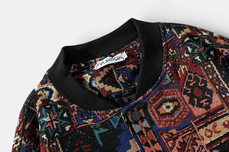 Allzom men's Harajuku ethnic print baseball jacket with stand collar and black ribbed cuffs. Retro style.
