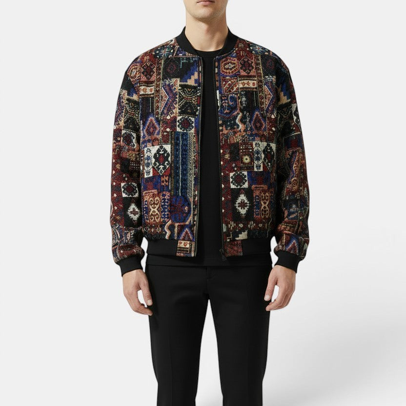 Allzom Men's Harajuku ethnic print stand collar baseball jacket with black cuffs and hem.