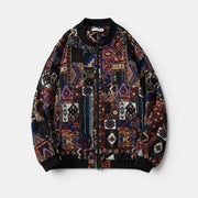 Allzom Men's Harajuku ethnic print stand collar baseball jacket with multi-coloured patchwork design.
