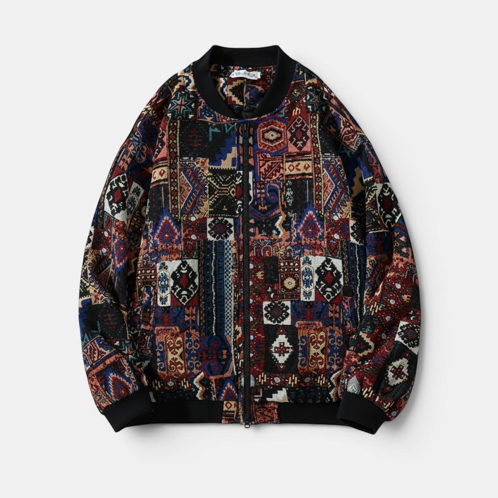 Allzom Men's Harajuku ethnic print stand collar baseball jacket with multi-coloured patchwork design.
