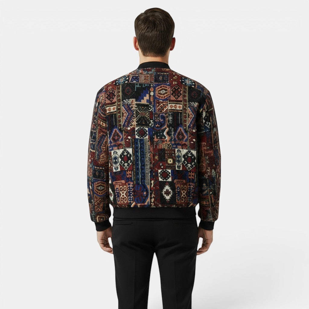 Allzom Men's Harajuku ethnic print stand collar baseball jacket with black cuffs and hem.
