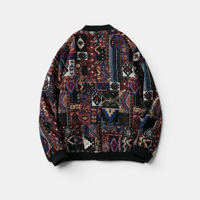 Allzom Men's Harajuku ethnic print stand collar baseball jacket with black cuffs and collar.