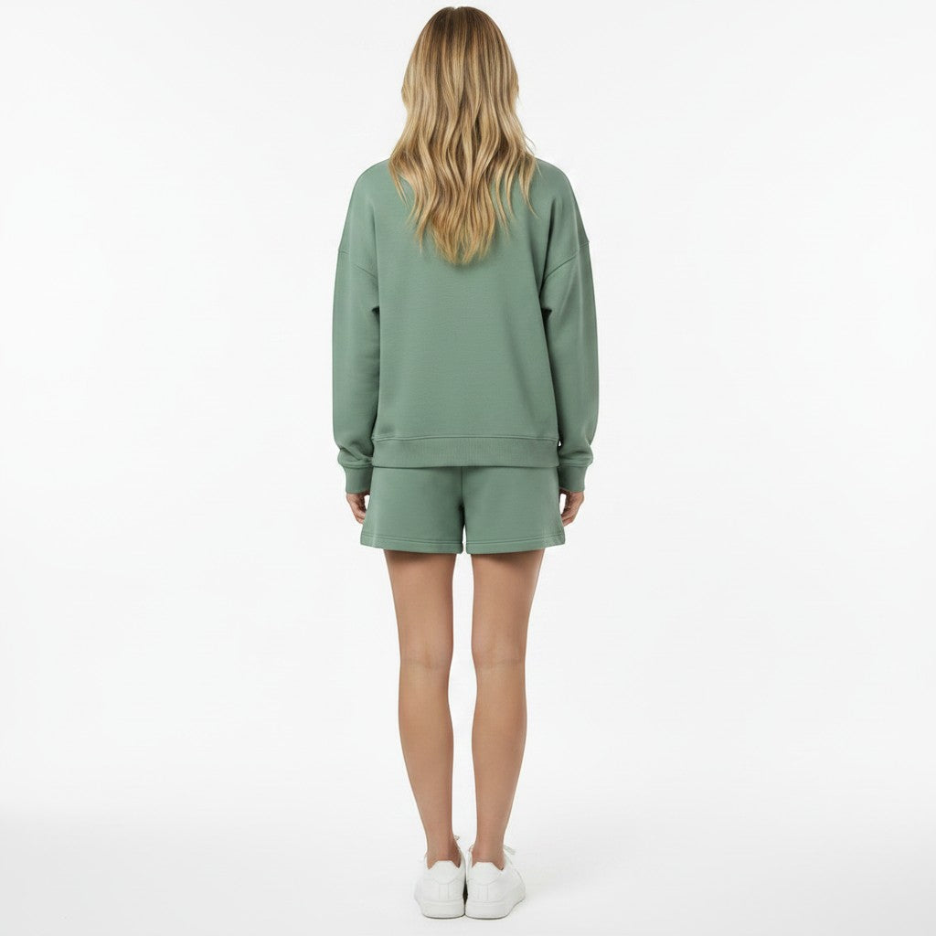 Allzom verde-água, fato de camisola de manga comprida e calções de malha para mulher. Design liso.