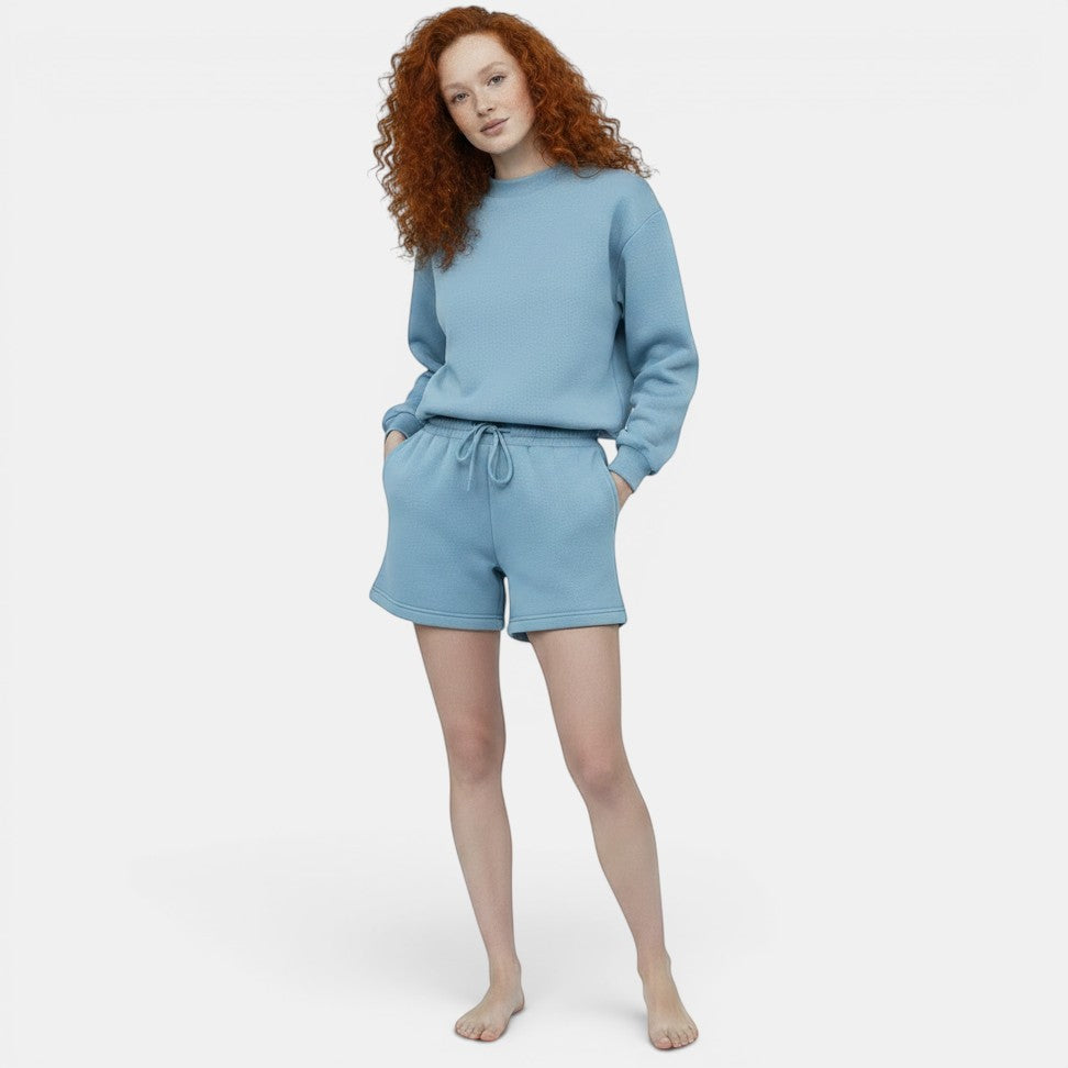 Allzom azul claro fato de malha com calções e camisola de manga comprida, com cordão na cintura.