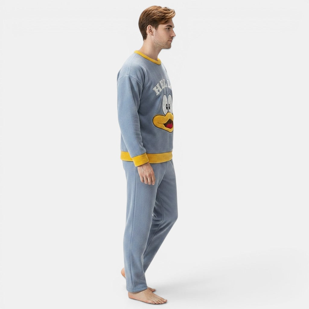 Allzom azul acolchoado fato de pijama de flanela de manga comprida com desenho de pato cartoon