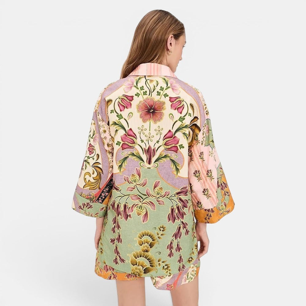 Allzom women's floral print linen shirt with wide sleeves and matching shorts, featuring a pastel colour palette.