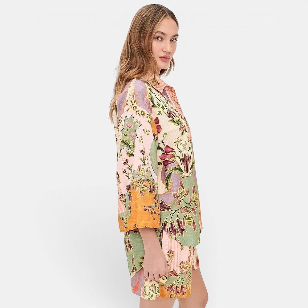 Allzom women's floral print linen blend shirt and shorts set in pink, green, and orange. Loose fit.