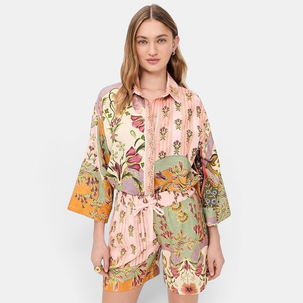 Allzom women's pink floral print linen shirt and shorts set. Loose fit, long sleeves, drawstring waist.