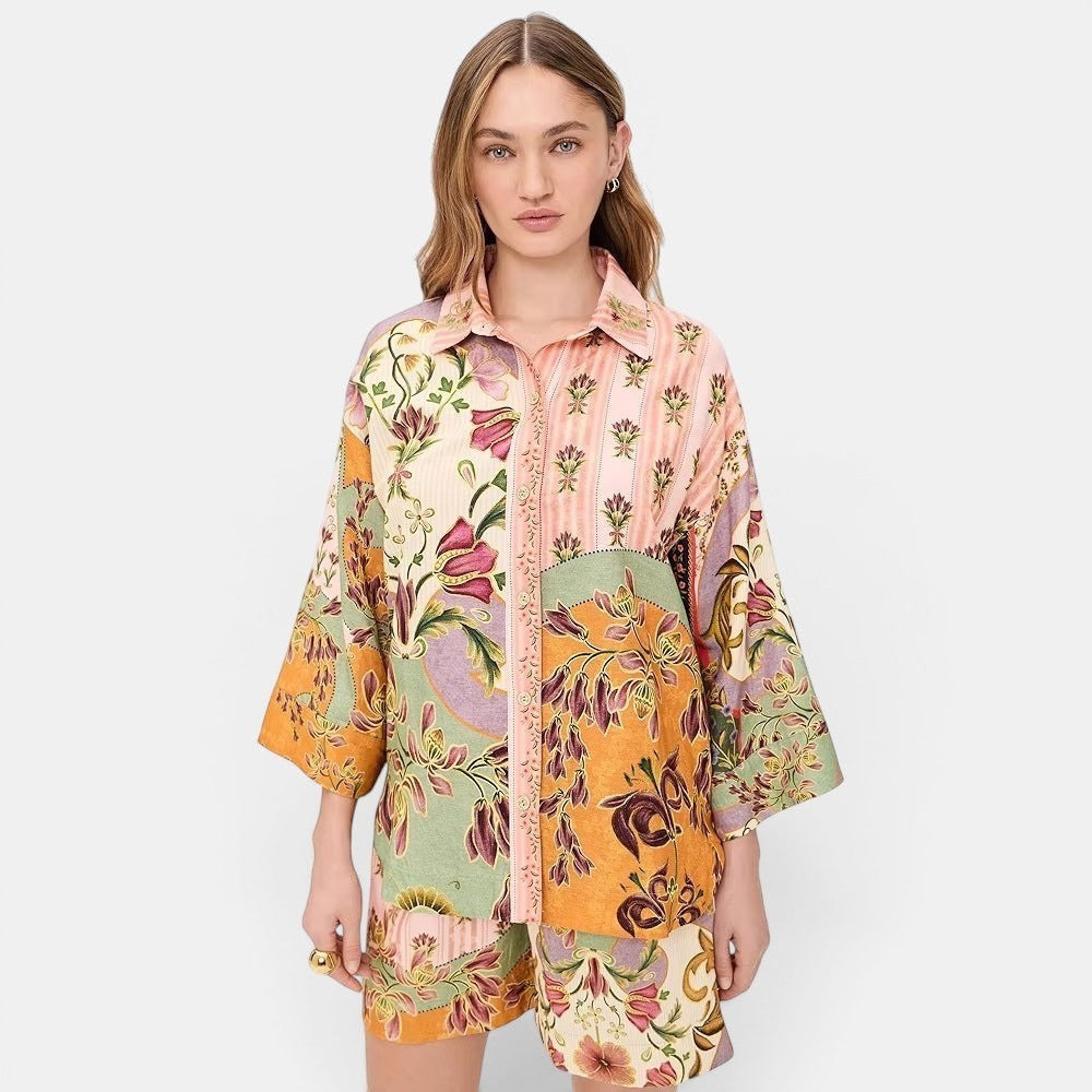 Allzom women's relaxed fit linen shirt and shorts set with a vibrant floral print in pink, orange, and green.